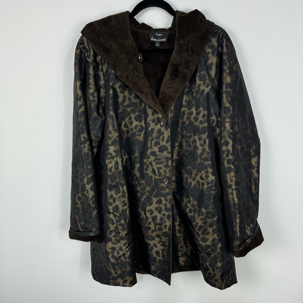 Dennis Basso Leopard Animal Print Pea Coat Faux Fur Lined